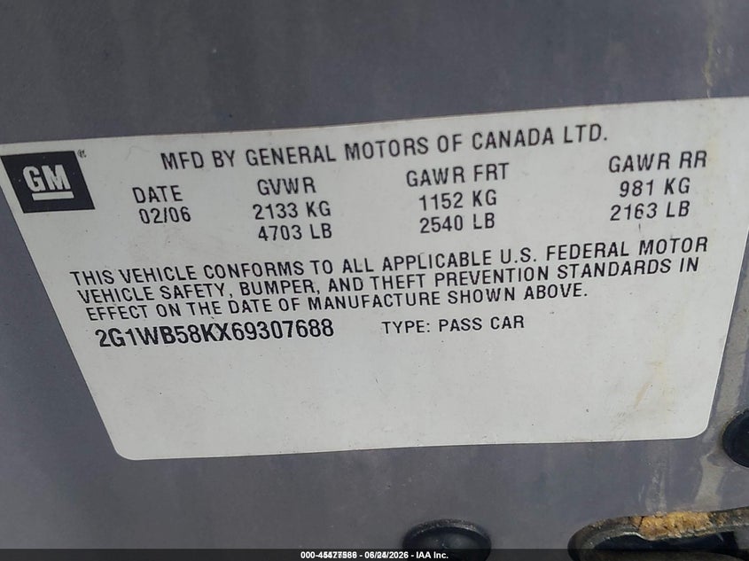 CHEVROLET IMPALA 2006 VIN 2G1WB58KX69307688