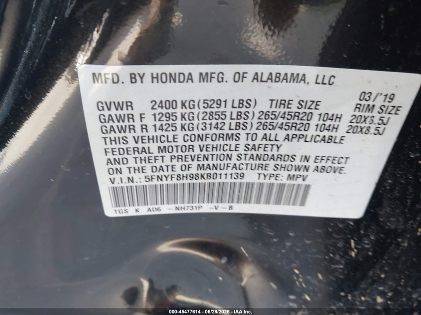 2019 Honda Passport Touring VIN: 5FNYF8H98KB011139 Lot: 45477614