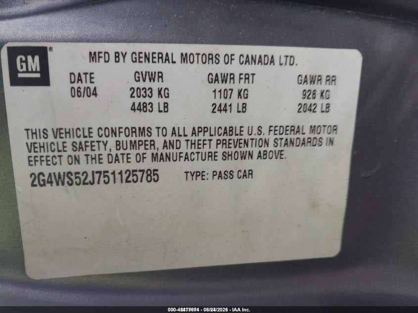 2005 Buick Century VIN: 2G4WS52J751125785 Lot: 45477674