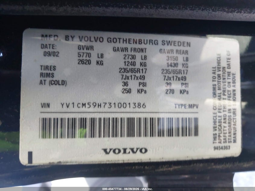 2003 VOLVO XC90 SPORT UTILITY VEHICLE 2.5L I-5 DOHC, VVT, TURBO, 208HP