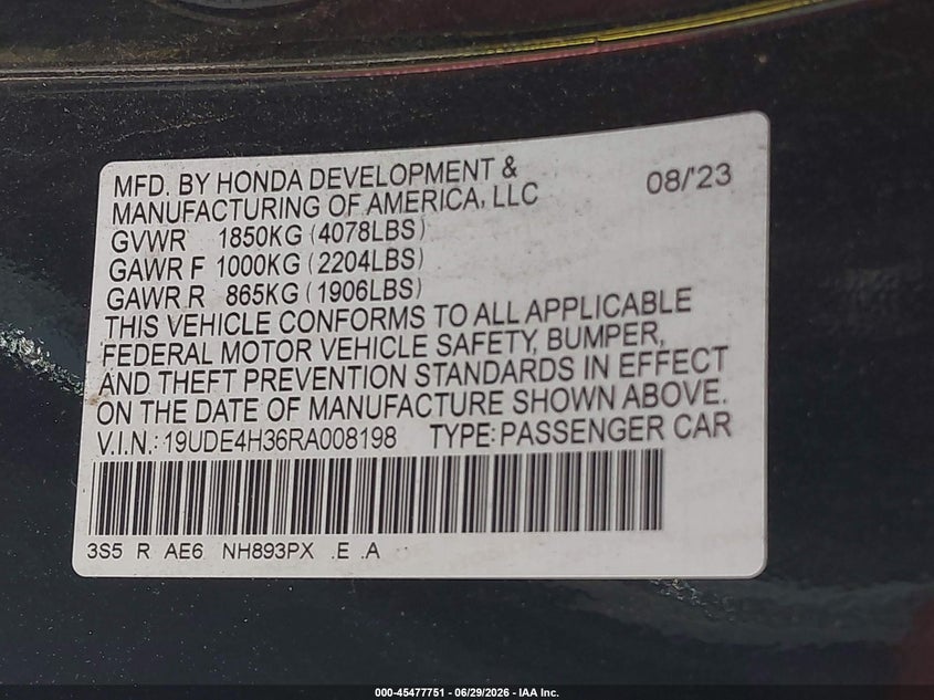 2024 Acura Integra A-Spec VIN: 19UDE4H36RA008198 Lot: 45477751