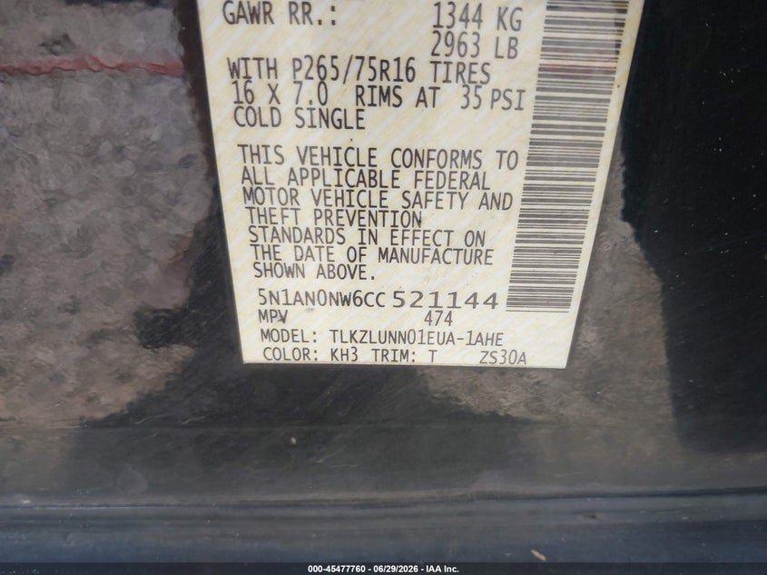 2012 Nissan Xterra Pro-4X VIN: 5N1AN0NW6CC521144 Lot: 45477760