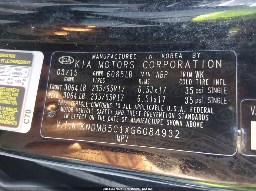 2016 Kia Sedona Lx VIN: KNDMB5C1XG6084932 Lot: 45477822