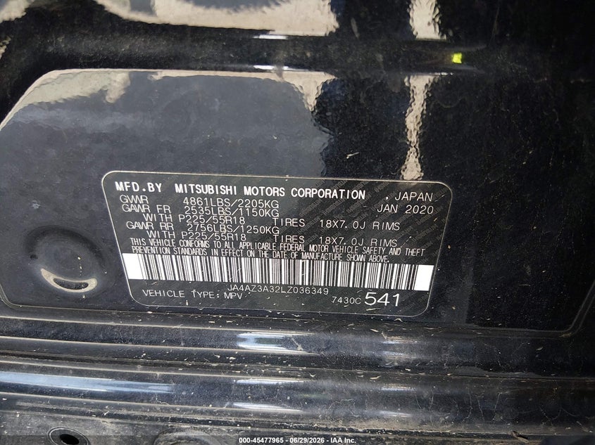 MITSUBISHI OUTLANDER 2020 VIN JA4AZ3A32LZ036349