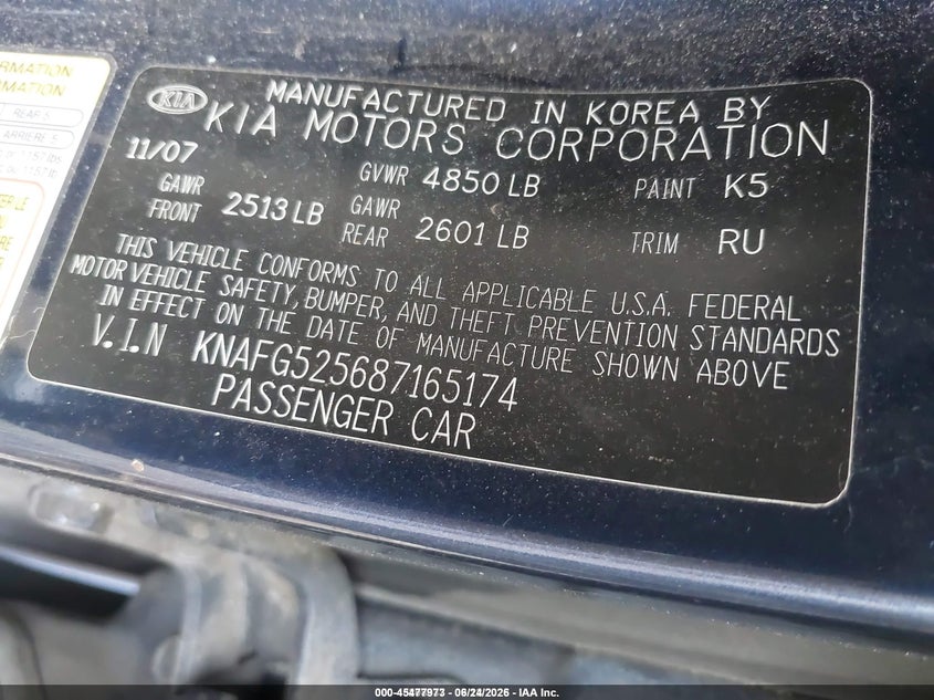 2008 Kia Rondo Lx VIN: KNAFG525687165174 Lot: 45477973