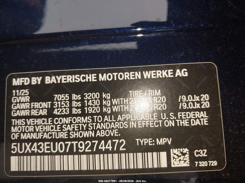 BMW X5 PHEV 2026 VIN 5UX43EU07T9274472