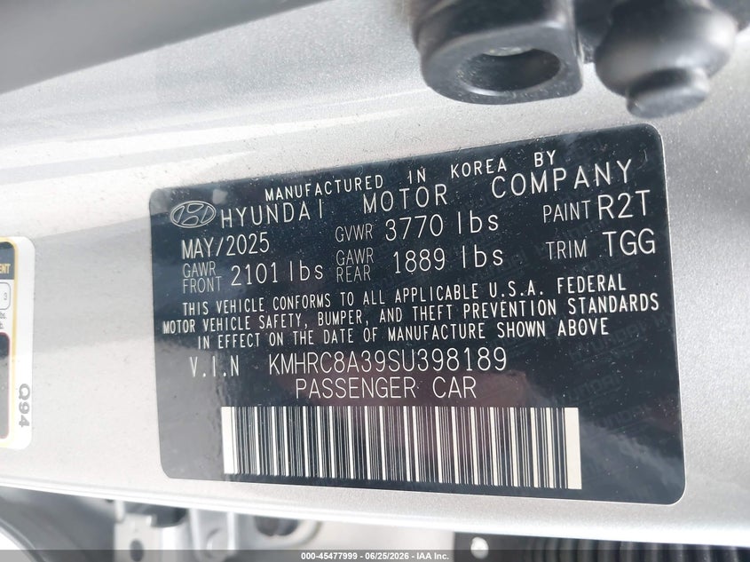 2025 Hyundai Venue Sel VIN: KMHRC8A39SU398189 Lot: 45477999