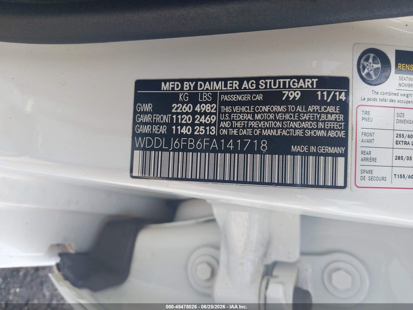 2015 Mercedes-Benz Cls 400 VIN: WDDLJ6FB6FA141718 Lot: 45478026