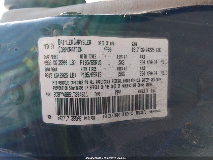 2001 Chrysler Pt Cruiser VIN: 3C8FY4BB51T284611 Lot: 45478029