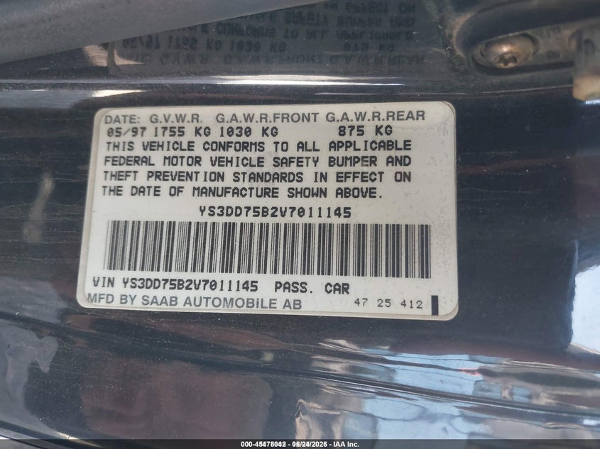 1997 Saab 900 S VIN: YS3DD75B2V7011145 Lot: 45478042