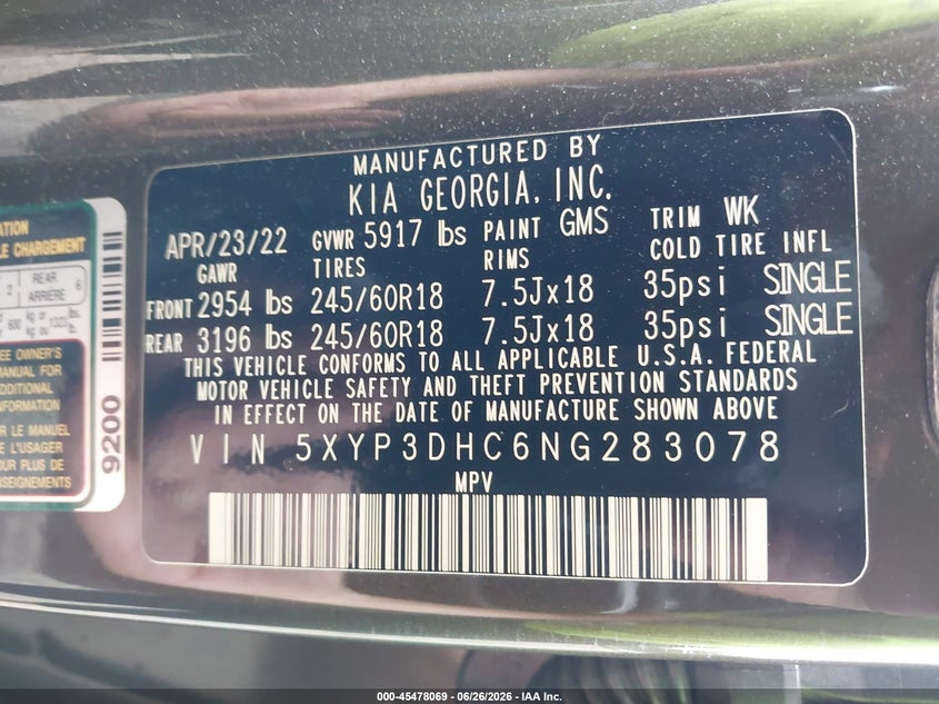 KIA TELLURIDE 2022 VIN 5XYP3DHC6NG283078