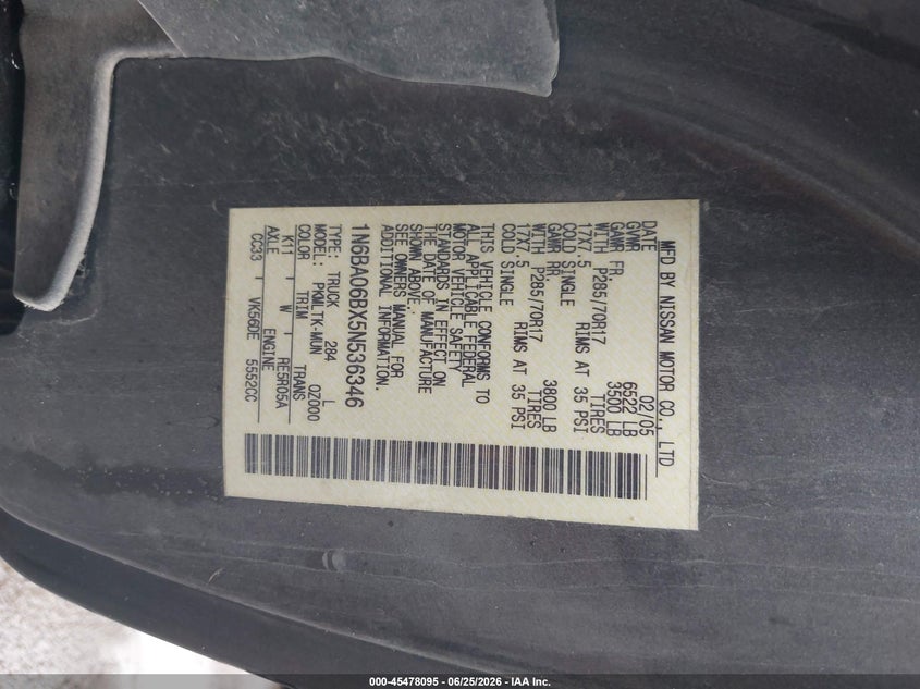 2005 Nissan Titan Se VIN: 1N6BA06BX5N536346 Lot: 45478095