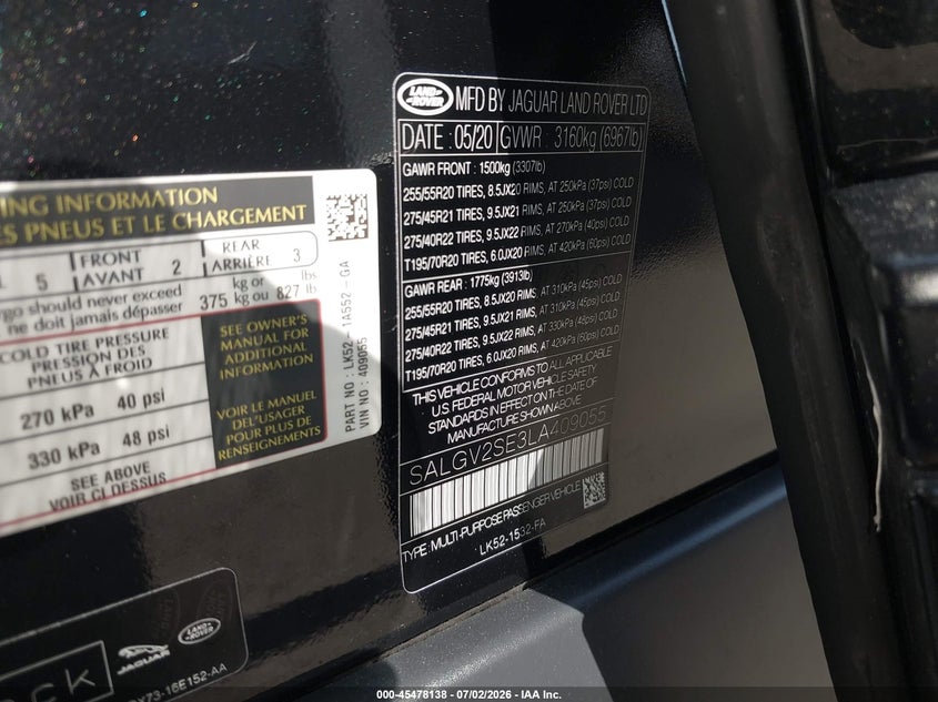 2020 Land Rover Range Rover Autobiography VIN: SALGV2SE3LA409055 Lot: 45478138