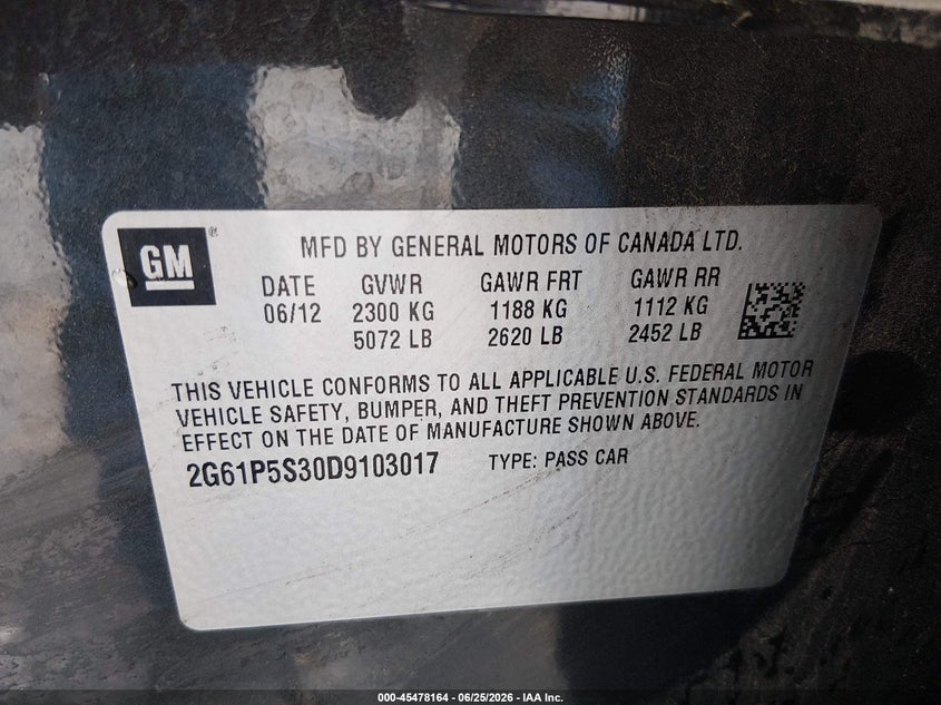 2013 Cadillac Xts Luxury VIN: 2G61P5S30D9103017 Lot: 45478164