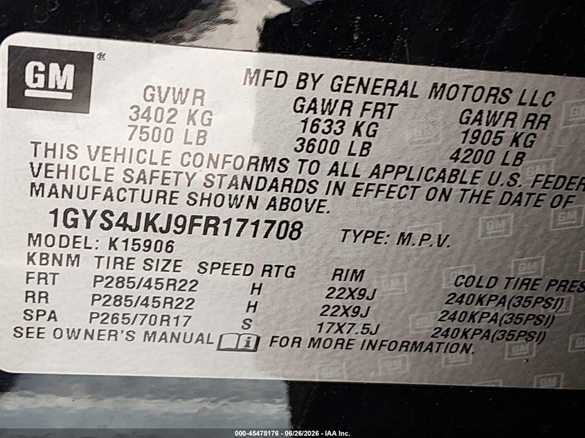 2015 Cadillac Escalade Esv Premium VIN: 1GYS4JKJ9FR171708 Lot: 45478176