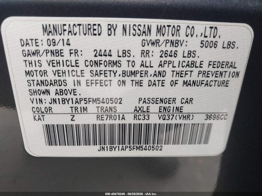 2015 Infiniti Q70 3.7 VIN: JN1BY1AP5FM540502 Lot: 45478246