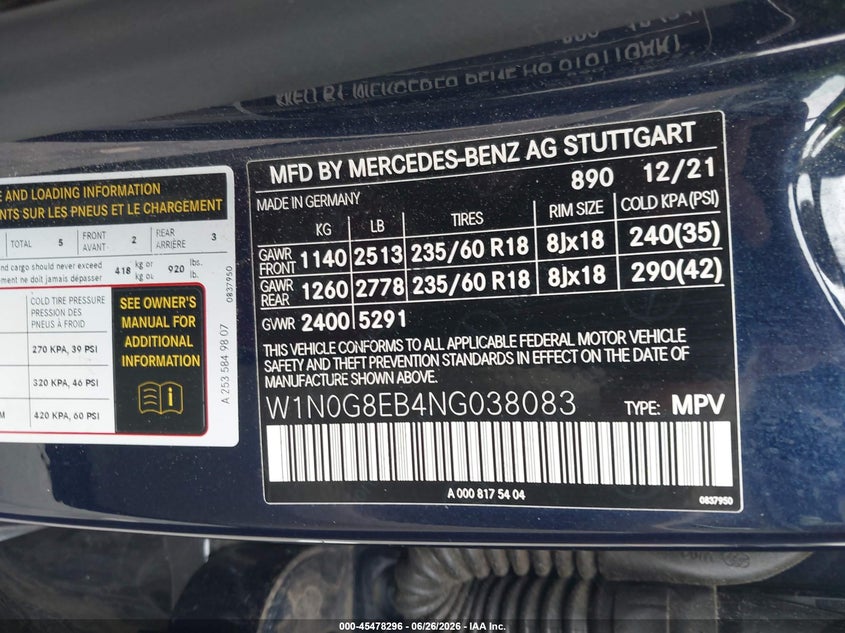 2022 Mercedes-Benz Glc 300 4Matic Suv VIN: W1N0G8EB4NG038083 Lot: 45478296