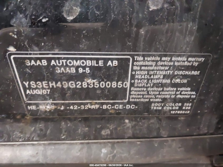 2008 Saab 9-5 Aero VIN: YS3EH49G283500850 Lot: 45478298