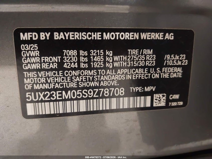 2025 BMW X7 xDrive40I VIN: 5UX23EM05S9Z78708 Lot: 45478372