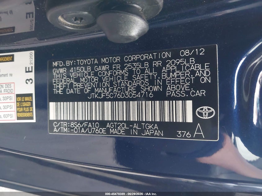 2013 Scion Tc VIN: JTKJF5C76D3054716 Lot: 45478389