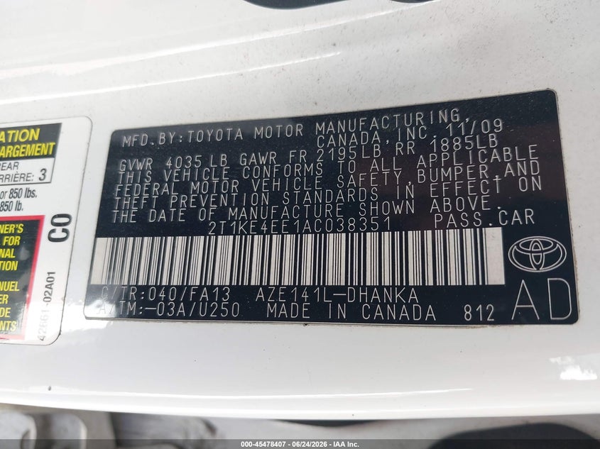 2010 TOYOTA MATRIX HATCHBACK 2.4L I-4 DOHC, VVT, 158HP