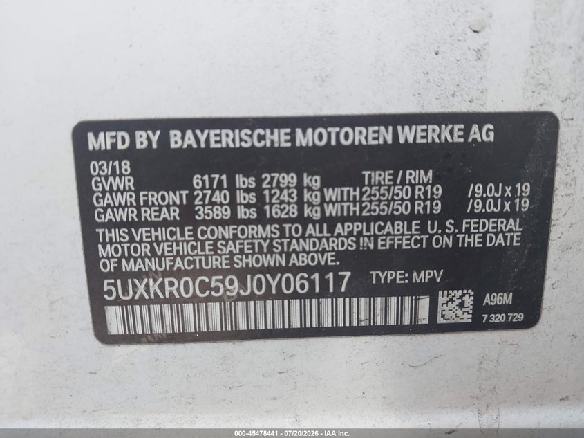 2018 BMW X5 xDrive35I VIN: 5UXKR0C59J0Y06117 Lot: 45478441