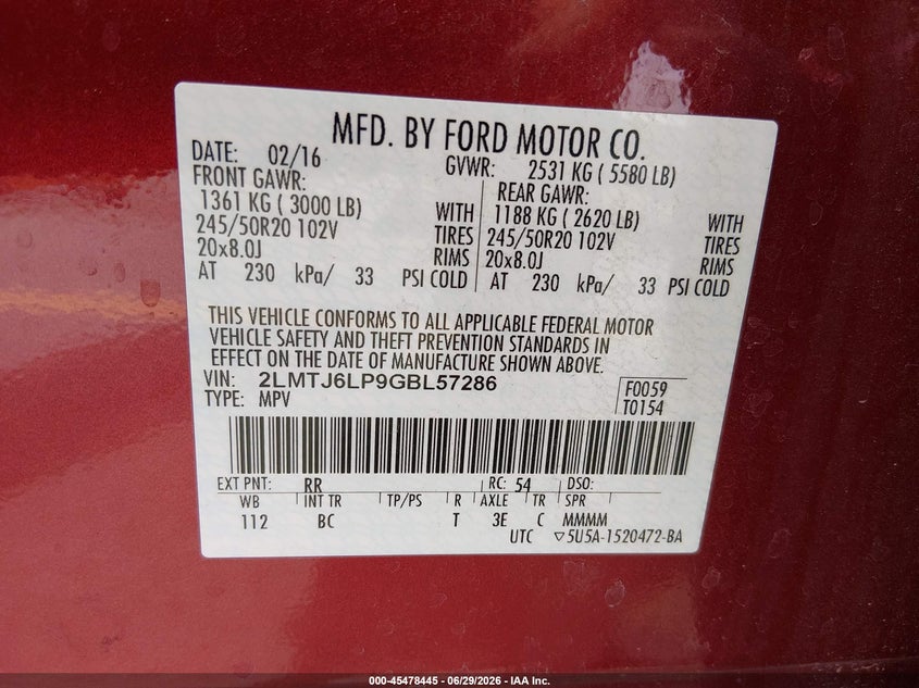 2016 Lincoln Mkx Reserve VIN: 2LMTJ6LP9GBL57286 Lot: 45478445