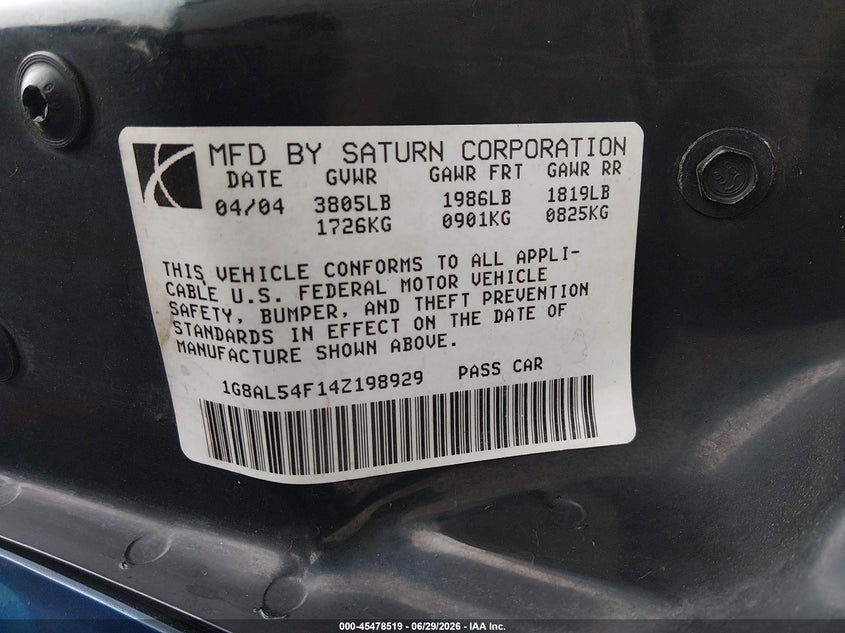 2004 Saturn Ion Ion 3 VIN: 1G8AL54F14Z198929 Lot: 45478519