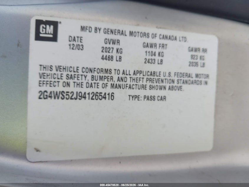 2004 Buick Century VIN: 2G4WS52J941265416 Lot: 45478528