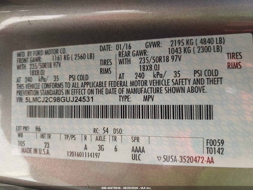 2016 Lincoln Mkc Select VIN: 5LMCJ2C98GUJ24531 Lot: 45478536