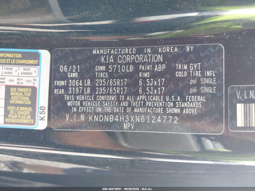 2022 Kia Carnival Mpv Lx Seat Package VIN: KNDNB4H3XN6124772 Lot: 45478591