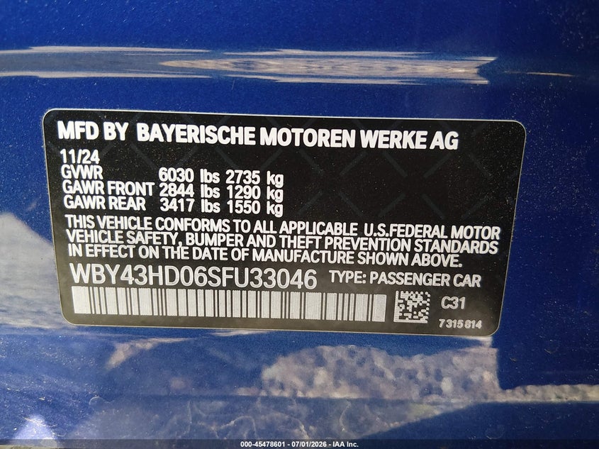 2025 BMW I4 Gran Coupe xDrive40 VIN: WBY43HD06SFU33046 Lot: 45478601