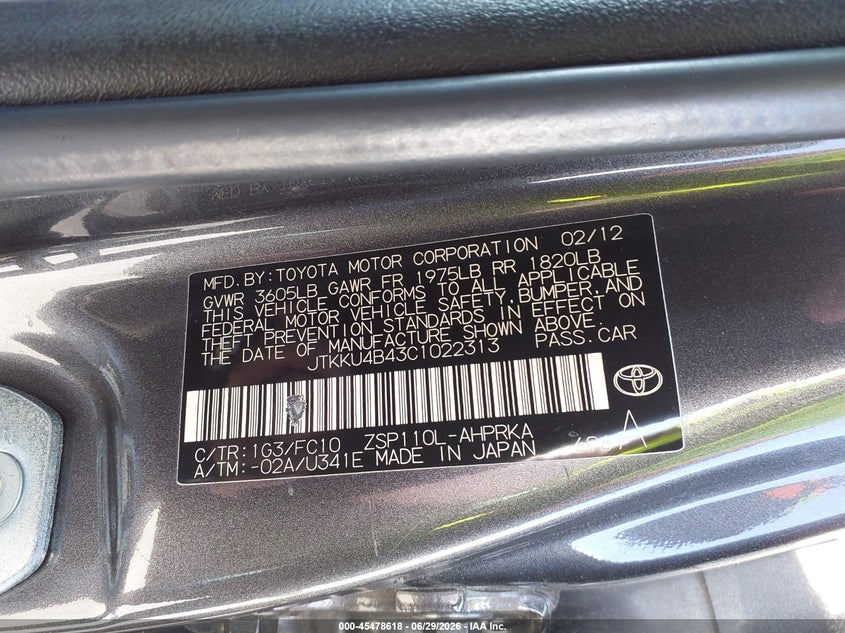 2012 Scion Xd VIN: JTKKU4B43C1022313 Lot: 45478618
