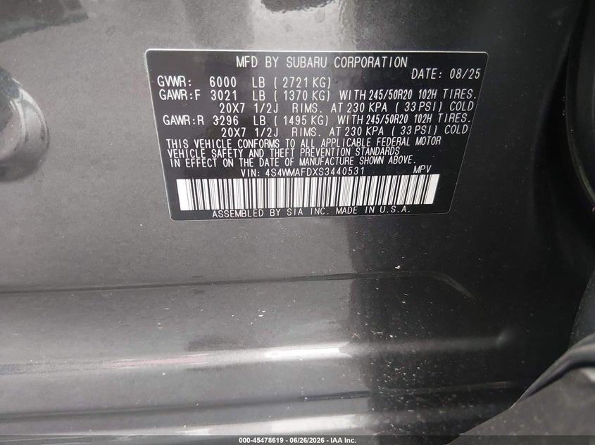 2025 Subaru Ascent Onyx Edition 7-Passenger VIN: 4S4WMAFDXS3440531 Lot: 45478619