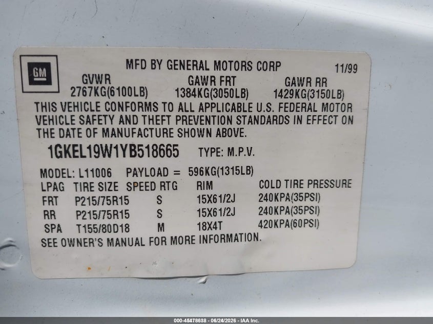 2000 GMC Safari Sl VIN: 1GKEL19W1YB518665 Lot: 45478638