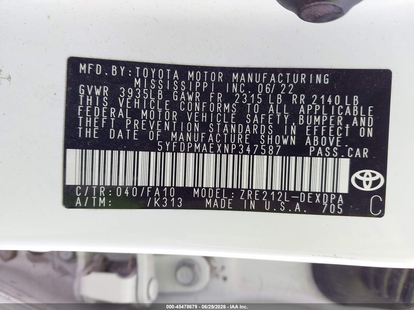 2022 TOYOTA COROLLA SEDAN 1.8L I-4 DOHC, VVT, 139HP