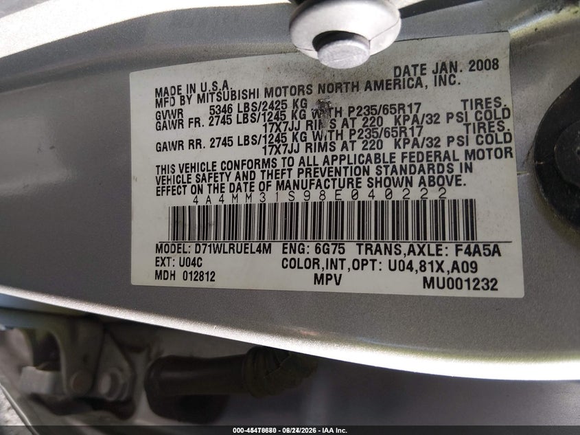 2008 Mitsubishi Endeavor Se VIN: 4A4MM31S98E040222 Lot: 45478680