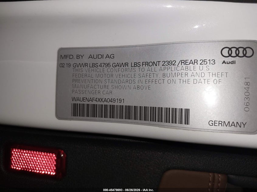 2019 AUDI A4 SEDAN 2.0L I-4 DI, DOHC, VVT, TURBO, 248HP