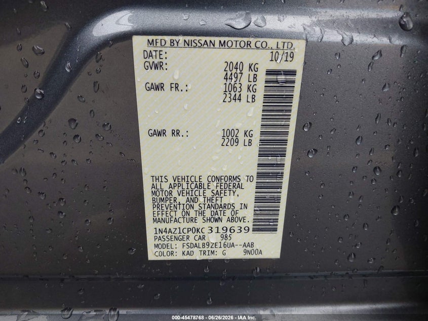 2019 Nissan Leaf S VIN: 1N4AZ1CP0KC319639 Lot: 45478768