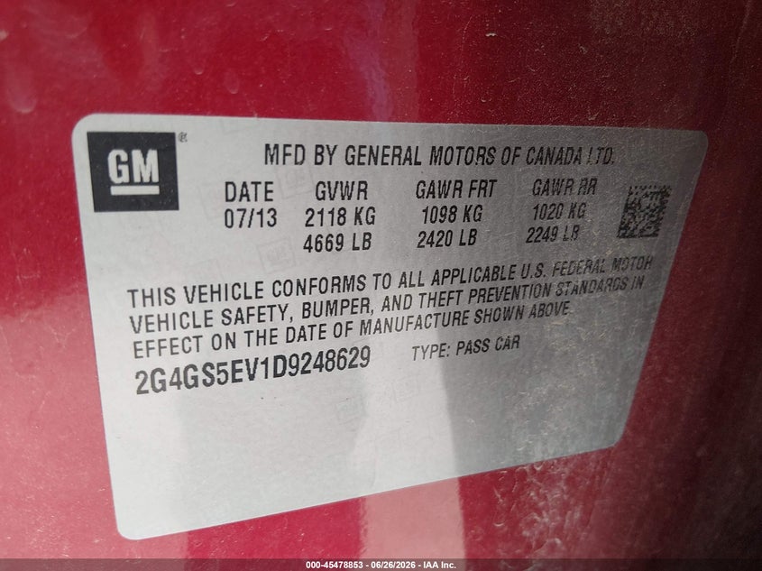 2013 Buick Regal Turbo - Premium 1 VIN: 2G4GS5EV1D9248629 Lot: 45478853