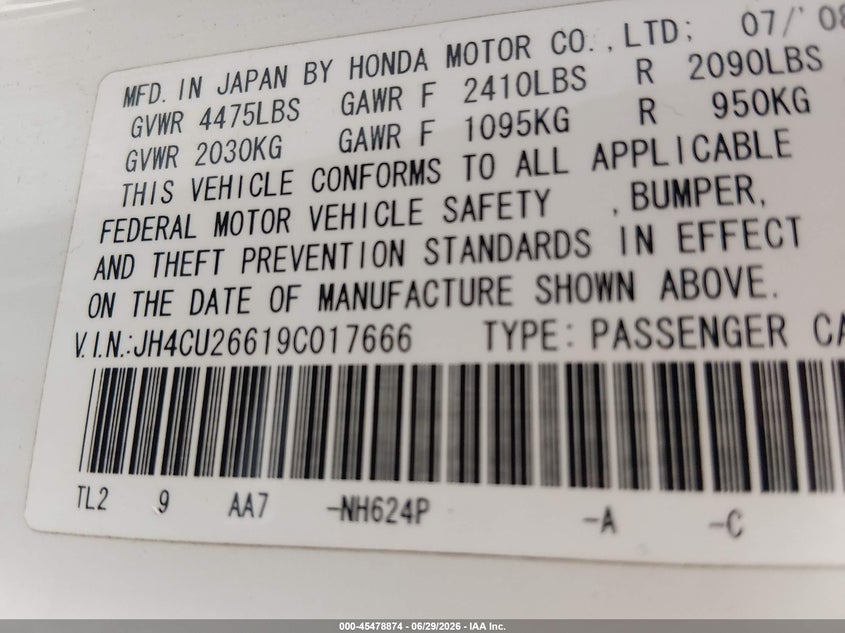 2009 Acura Tsx VIN: JH4CU26619C017666 Lot: 45478874