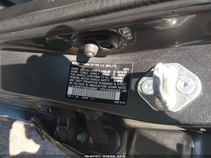HONDA CIVIC 2018 VIN SHHFK7H29JU408047