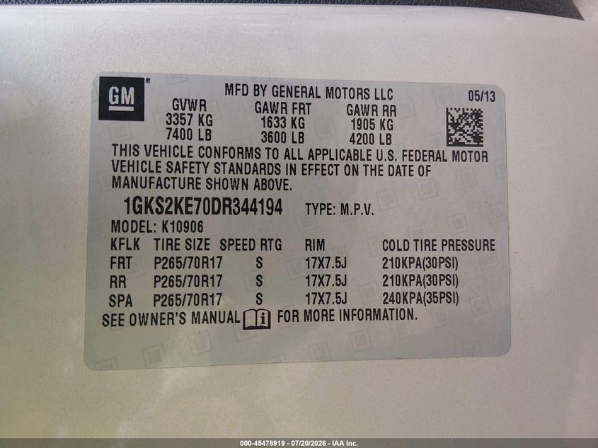 GMC YUKON XL 1500 2013 VIN 1GKS2KE70DR344194