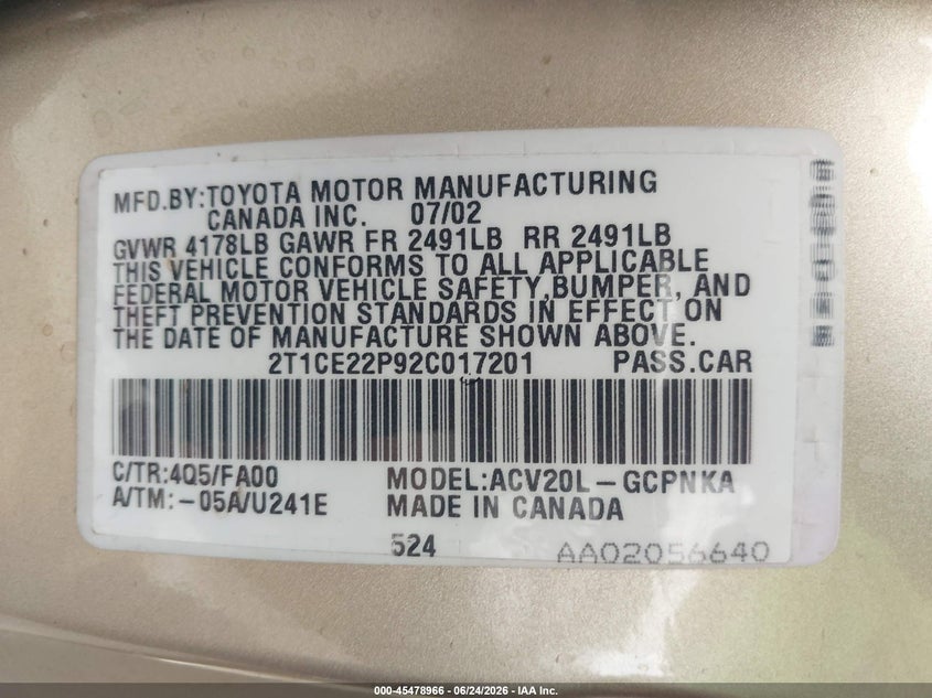 2002 Toyota Camry Solara Se VIN: 2T1CE22P92C017201 Lot: 45478966
