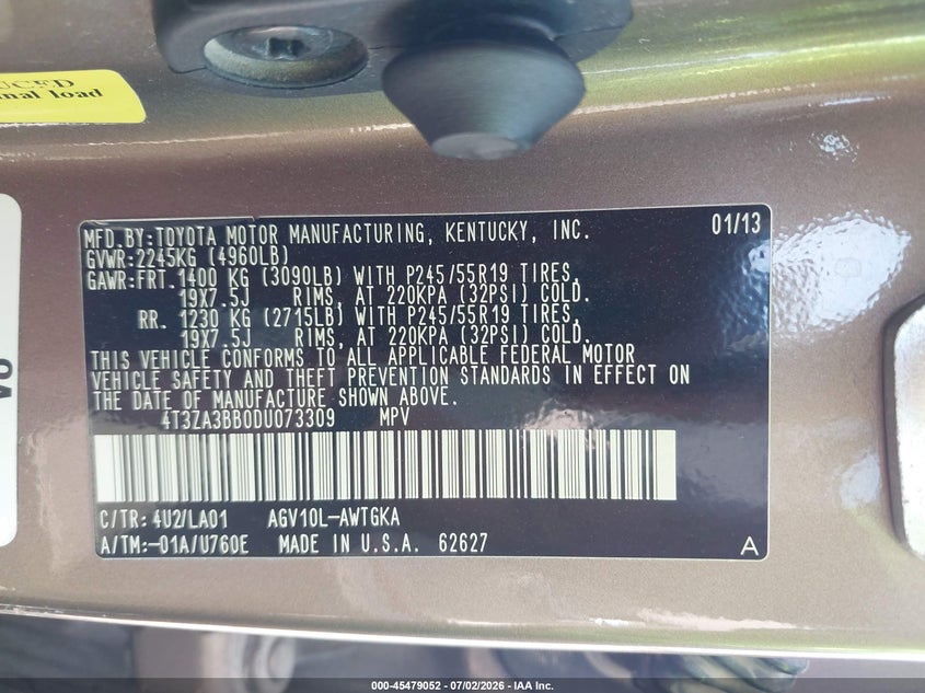 2013 Toyota Venza Xle VIN: 4T3ZA3BB0DU073309 Lot: 45479052