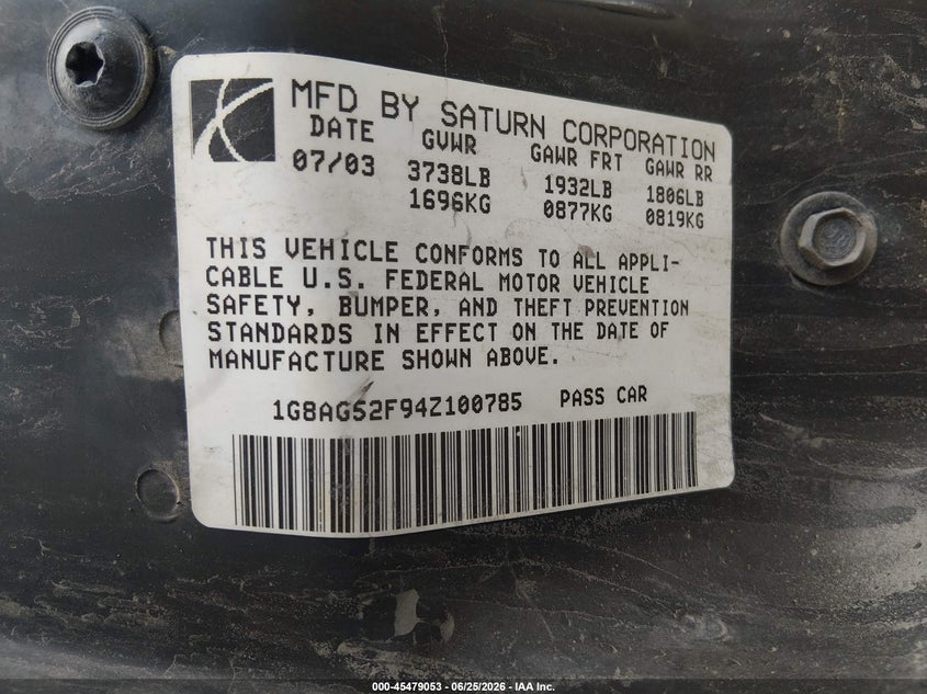 2004 Saturn Ion Ion 1 VIN: 1G8AG52F94Z100785 Lot: 45479053
