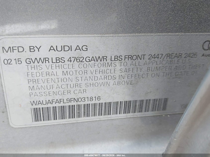 2015 AUDI A4 SEDAN 2.0L I-4 DI, DOHC, VVT, TURBO, 220HP