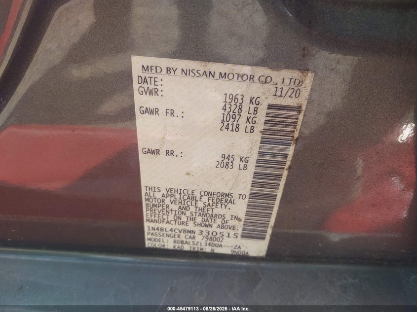 NISSAN ALTIMA 2021 VIN 1N4BL4CV8MN330515