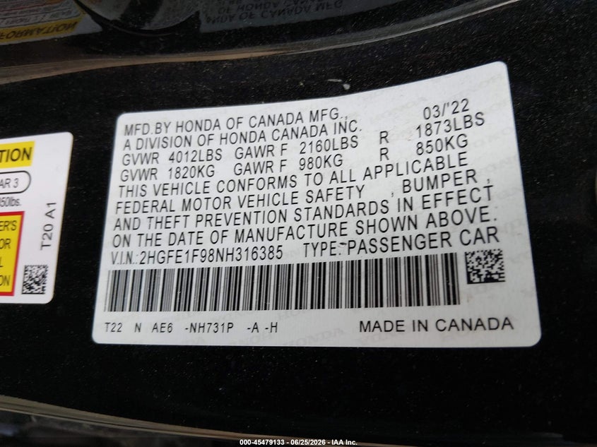 HONDA CIVIC 2022 VIN 2HGFE1F98NH316385