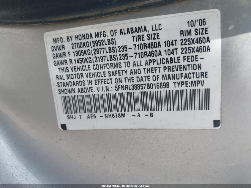 2007 Honda Odyssey Touring VIN: 5FNRL38857B016698 Lot: 45479144